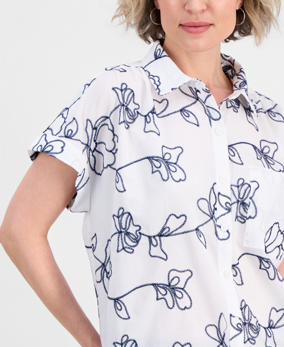 Style & Co Women's Cotton Embroidered Camp Shirt, Macy's Exclusive