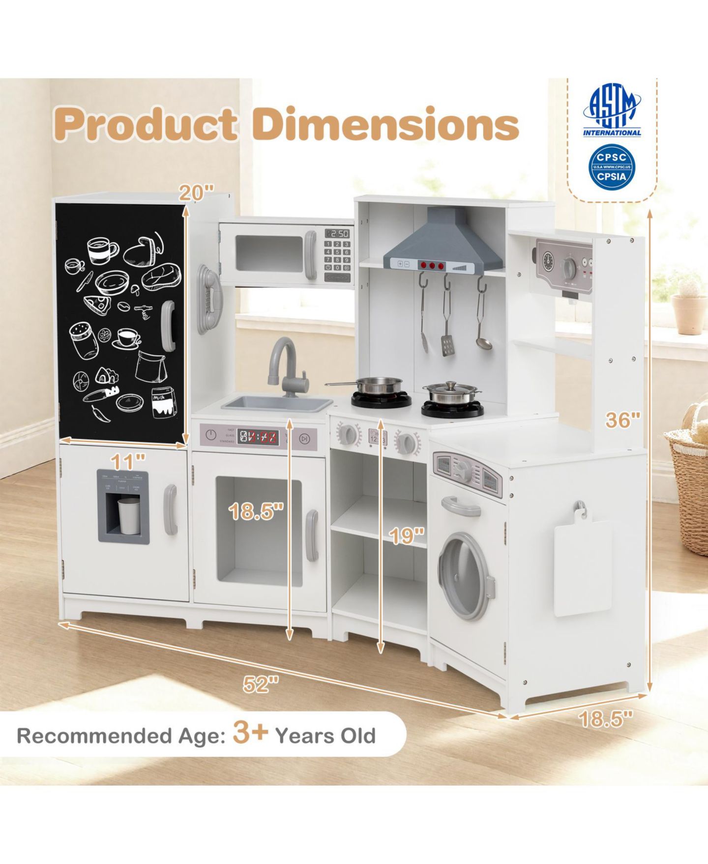 Детские игрушки HONGGE Wooden Corner Lights and Sounds 9-Piece Play Kitchen Set, Ages 3+, цвет: Белый — фото 3