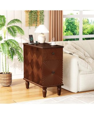 Modern Slim Side Table with 2 Drawers Narrow Nightstand