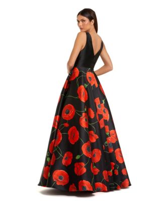Women's Black Plunge Neck Ballgown With Floral Mikado Skirt