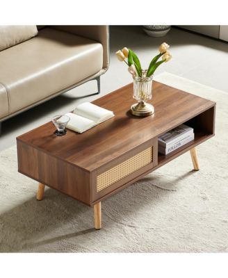 PE Rattan Coffee Table with Sliding Storage Door and Solid Wood Legs for Living Room