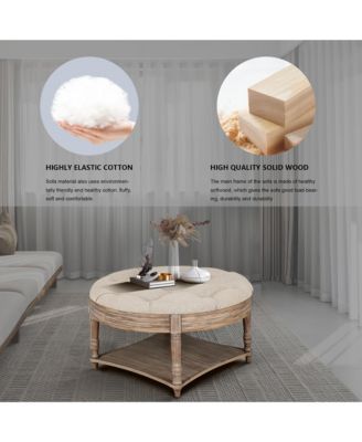 Farmhouse Round Ottoman Coffee Table with 2-Tier Storage and Waterproof Linen