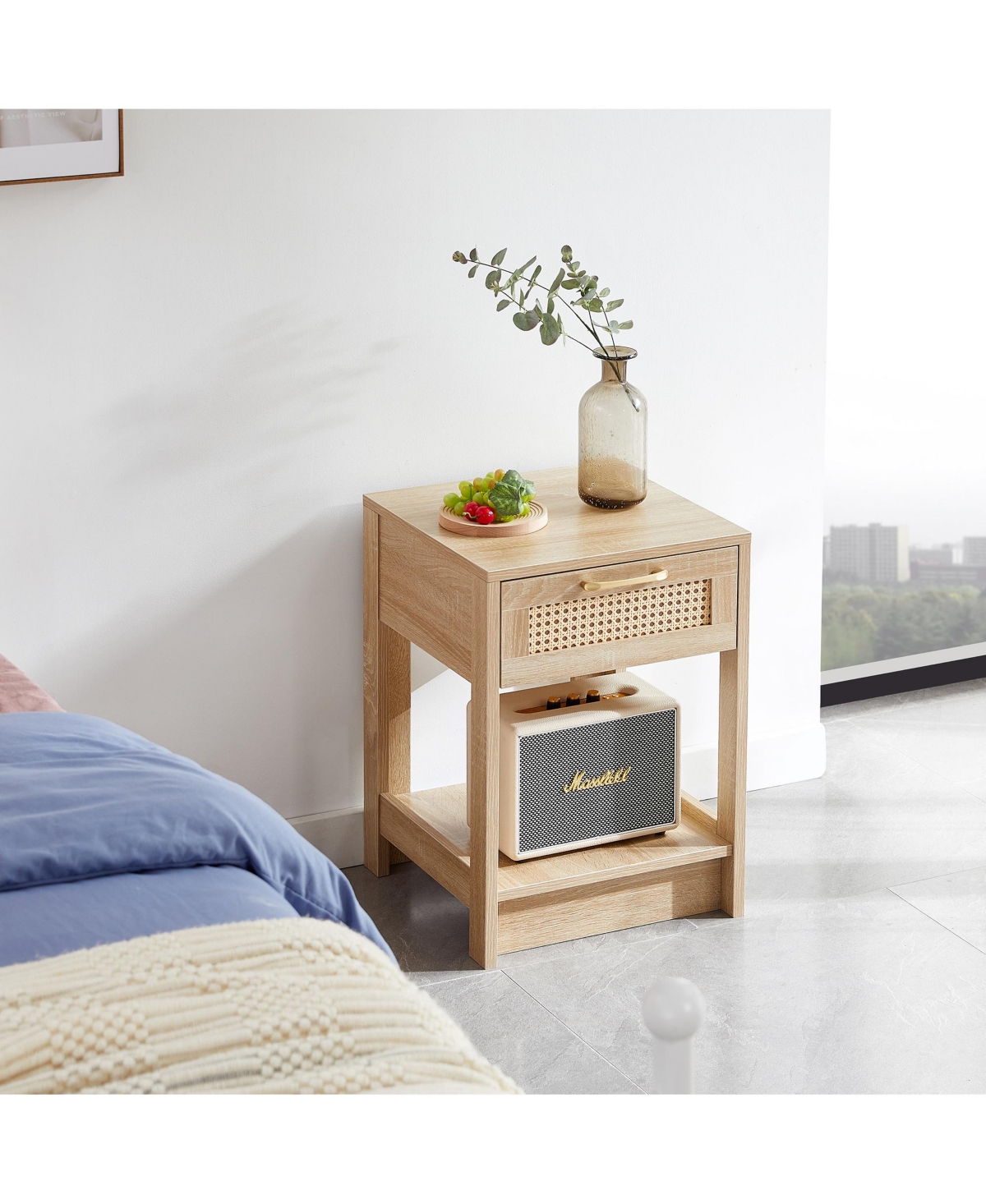 sumyeg Modern Rattan End Table with Drawer Nightstand Side