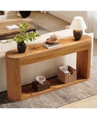 63 Inch Fluted Console Table for Entryway, Narrow Wood Sofa Table Behind Couch