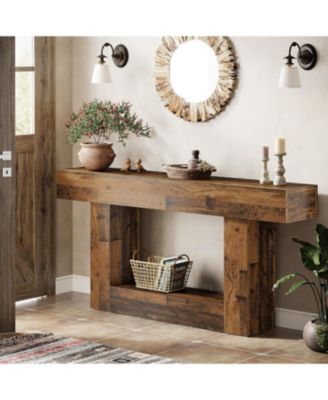 63" Console Table, Farmhouse 2-Tier Entryway Table with U-Shaped Base, Mix Brown