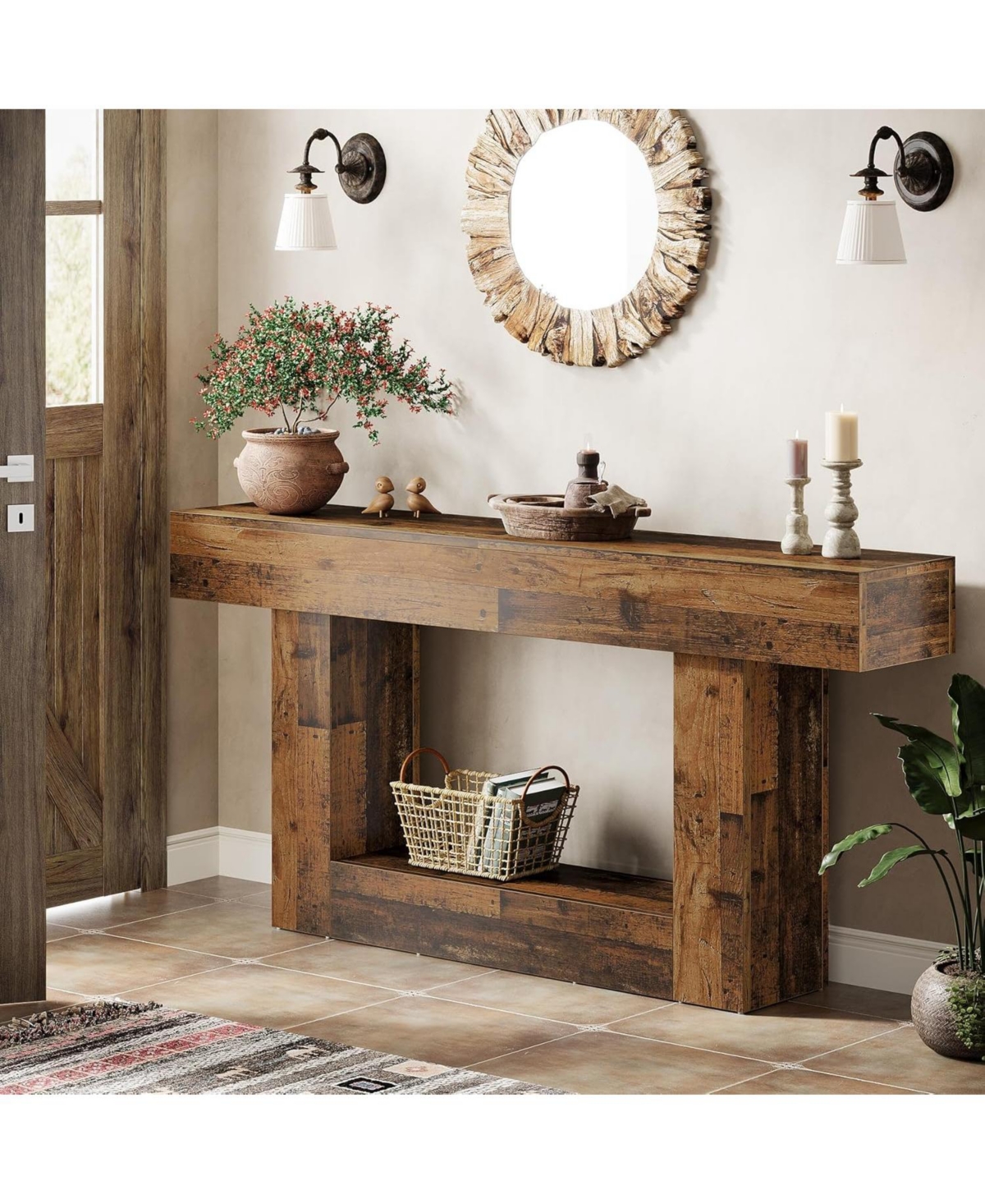 Tribesigns 63" Console Table, Farmhouse 2-Tier Entryway Table with U-Shaped Base, Mix Brown