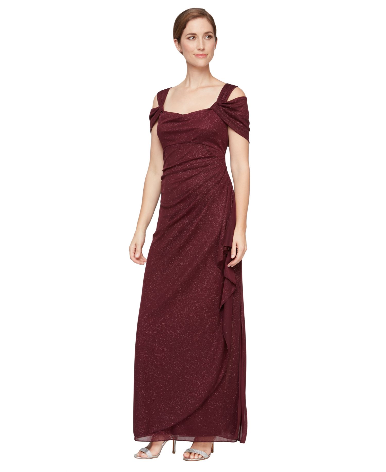 Women's Cold-Shoulder Draped Metallic Gown