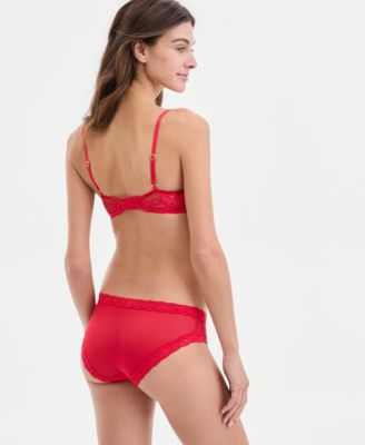  Women's Feathers Lace Contour Underwire Plunge Bra & Low-Rise Sheer Hipster Underwear