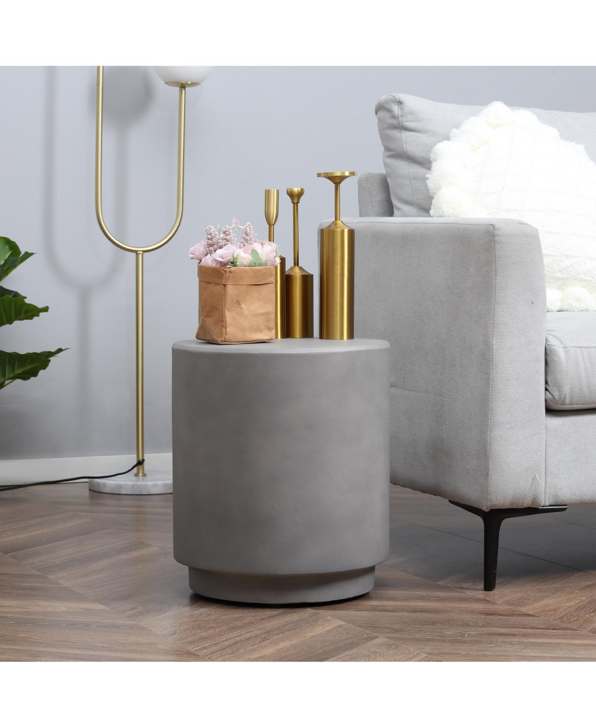 Homcom Accent Table with Concrete Finish, Round Side Table, Light