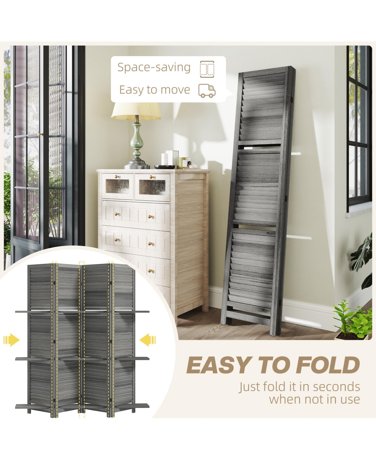 Homcom Blinds Style 4-Panel Folding Privacy Screen Room Divider 3 Shelves Wooden