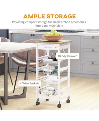 Rolling Kitchen Cart on Wheels with Drawer and 4 Wire Baskets
