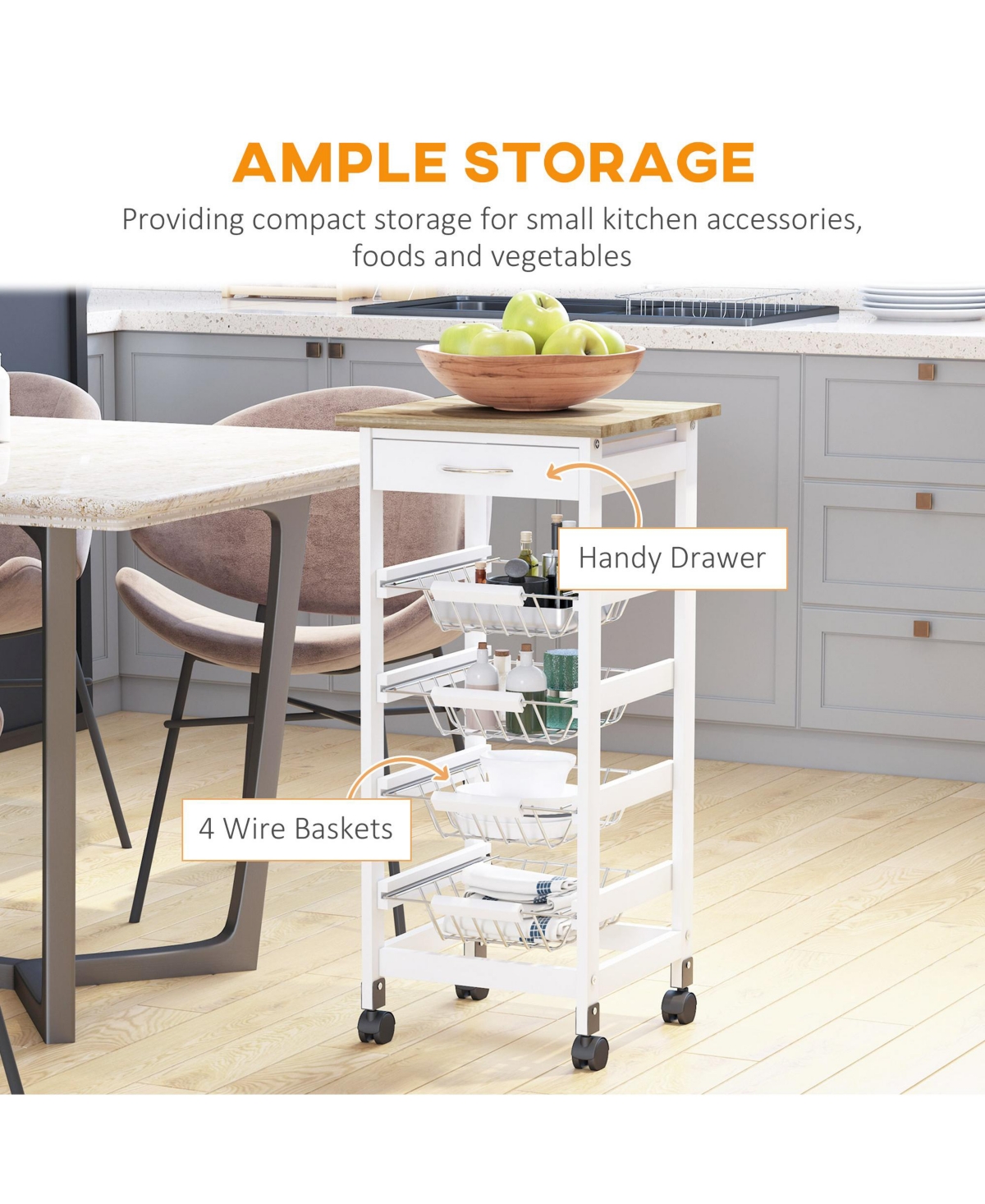 Homcom 32.25" Wood Rolling Kitchen Storage Cart on 360° Swivel Wheels, White