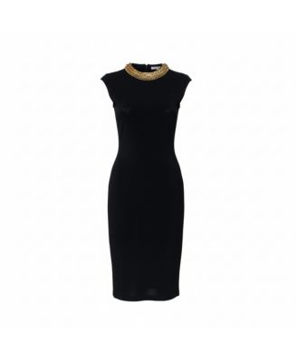 Knit Embellished Neck Detail Sleeveless Sheath Dress