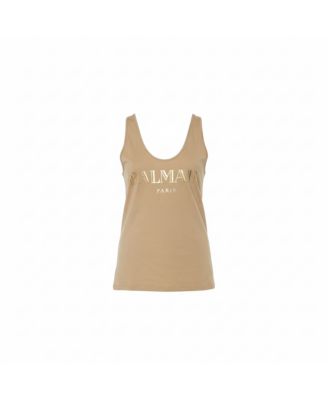 Women's Beige Cotton Logo Printed Tank Top