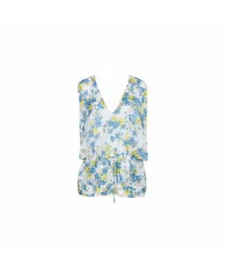 Women's Blue & White Floral Print Silk Sheer Kaftan Top