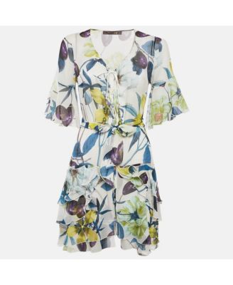 Women's Multicolor Floral Print Silk Ruffle Belted Dress