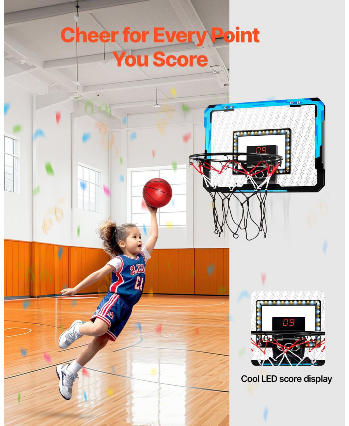 Mecale Kids Basketball Hoop, Over-the-Door Mini Basketball Goal with Electronic Scoreboard and Led Light for Ages 3+