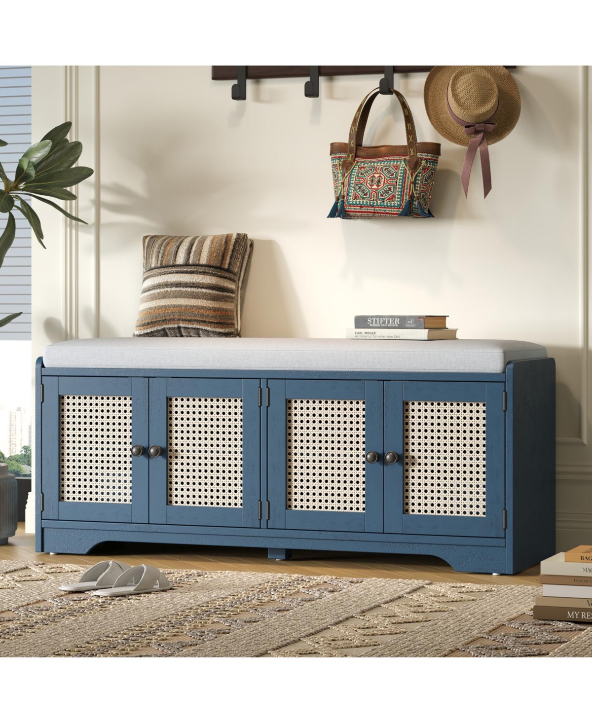 Streamdale Furniture Rustic Storage Bench with Cushion and Rattan Doors (Brown+Beige