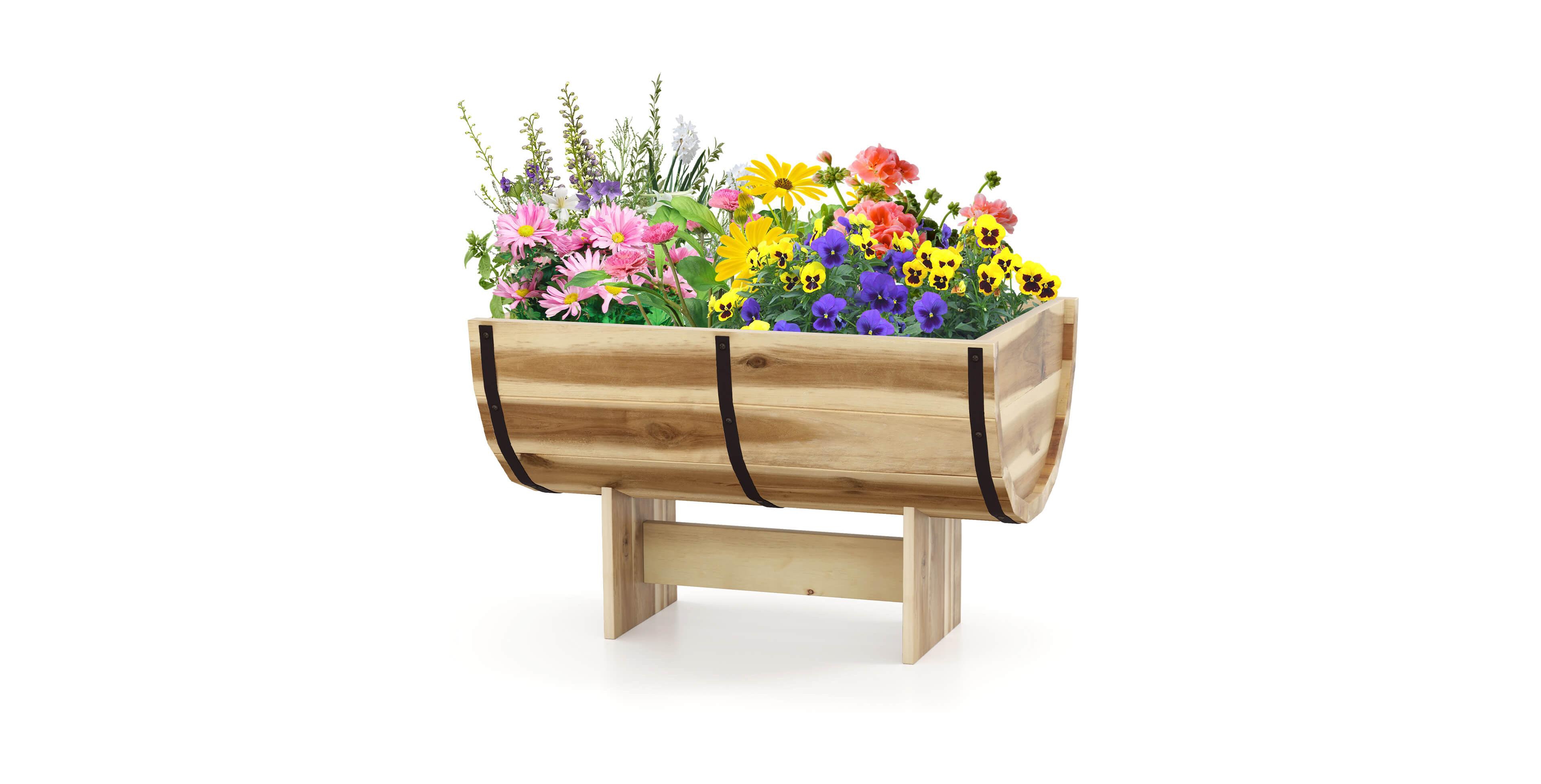 Costway Outdoor Wooden Planter Solid Acacia Wood Half-Barrel Planter Box with Legs