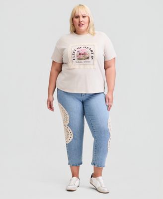 Trendy Plus Size Lace-Trim Graphic Print Cotton T-Shirt