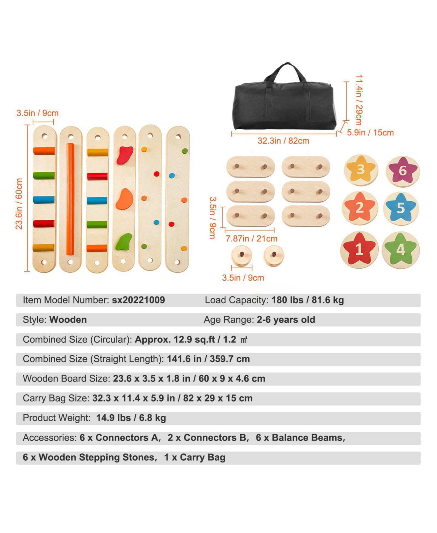 Детские игрушки HONGGE Kids Wooden Balance Beam and Stepping Stones Obstacle Course Set, 6-Piece, Ages 2+ — фото 4
