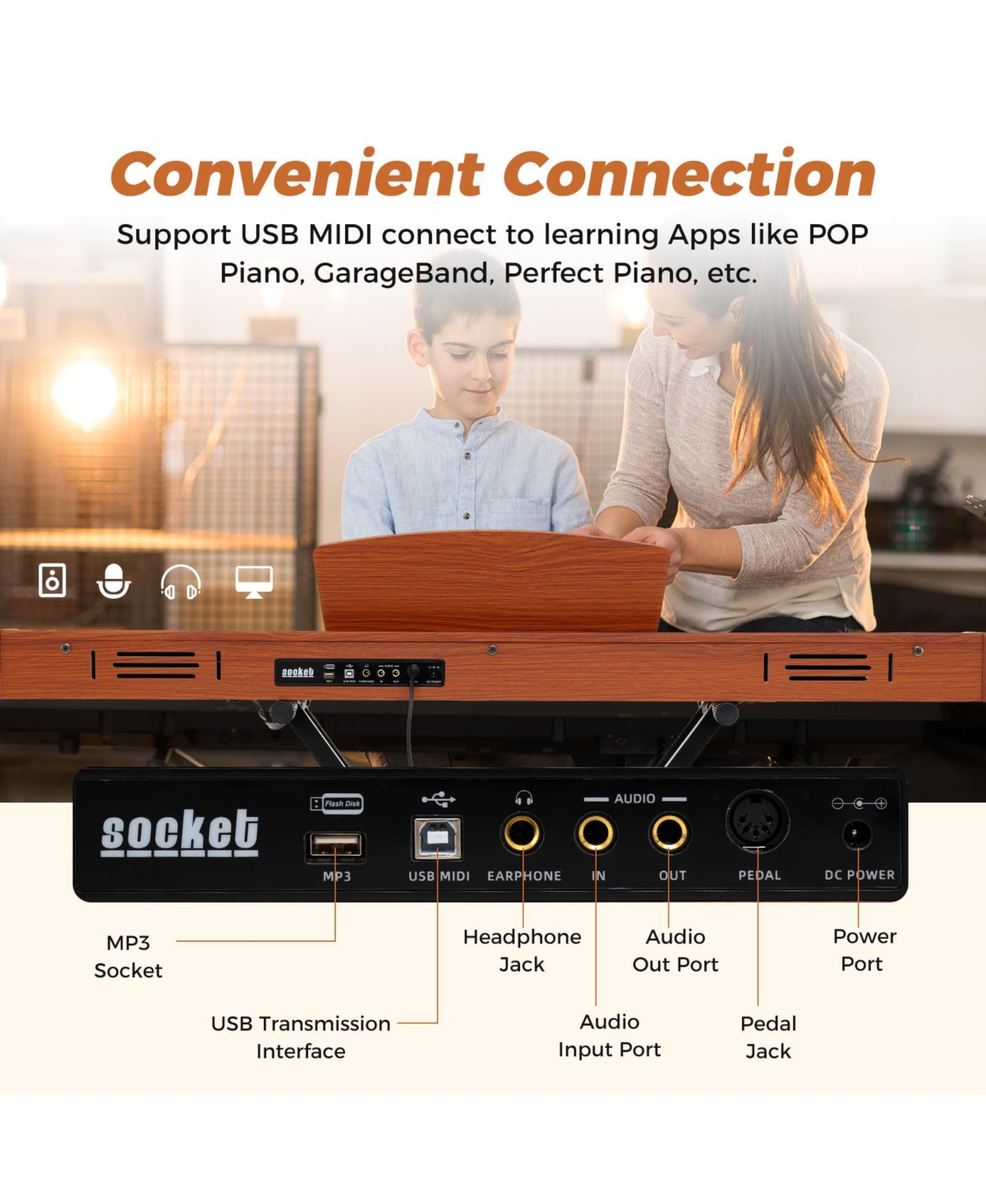 Hongge 88 Key Semi Weighted Digital Piano With Adjustable Stand Triple Pedals And Usb Midi