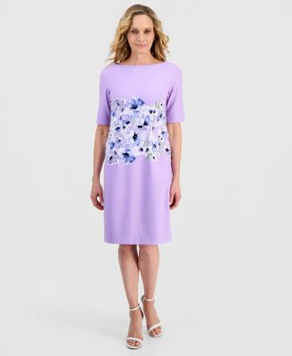 Women's Printed Scuba Crepe Elbow-Sleeve Sheath Dress