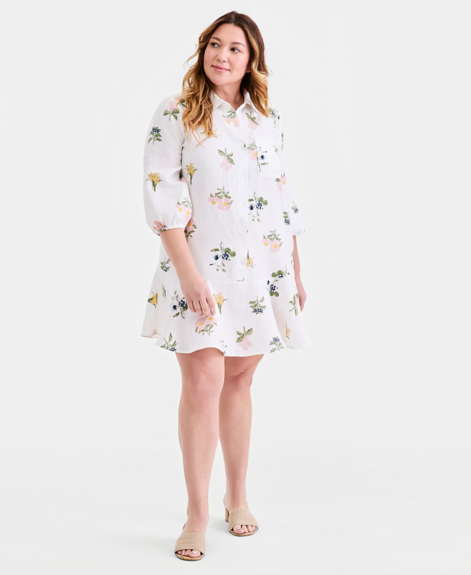 Plus Size 100% Linen Collared Flounce Dress