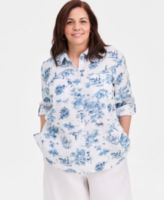Plus Size 100% Linen Printed Roll-Tab Shirt