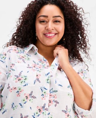 Plus Size Garden Button-Front Double Pocket Linen Shirt