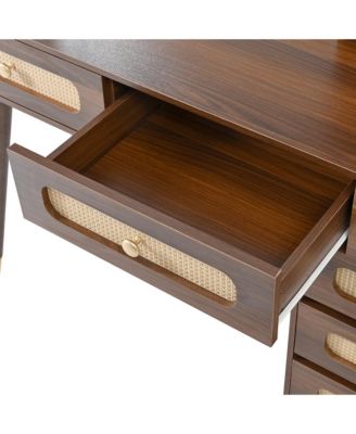 47" Vintage Makeup Vanity with Mirror and Lights, Makeup Vanity Desk with 5 Drawers and Storage Shelf, Rattan Drawer Design