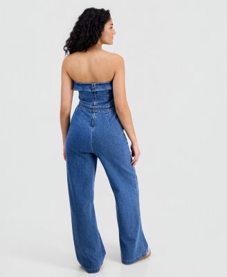 Juniors' Ruffled Strapless Wide-Leg Jumpsuit