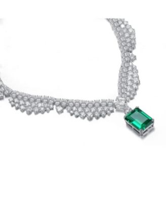 White Gold Plated with Rectangular Green Cubic Zirconia Pendant Necklace