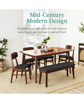 6-Piece Mid-Century Modern Upholstered Wooden Dining Set w/ 4 Chairs, Bench