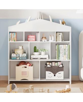 Kids Bookshelf with 9 Storage Cubbies, Wooden Dollhouse Bookcase & Toy Organizer for Playroom or Bedroom