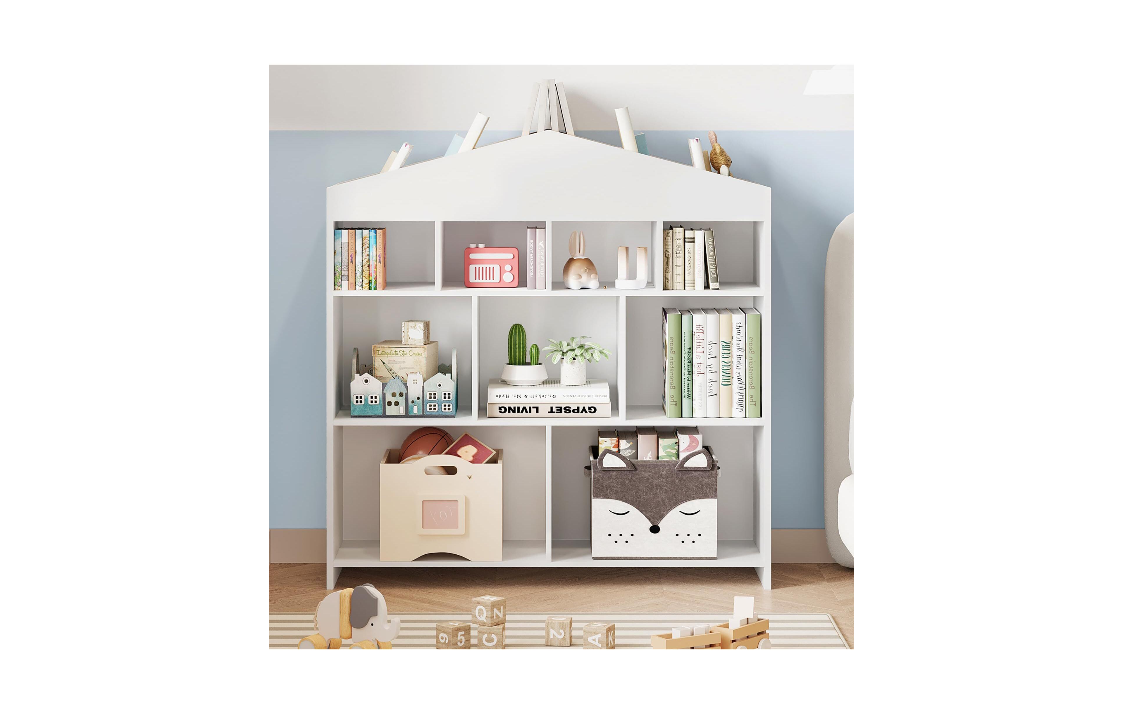 Gaomon Kids Bookshelf with 9 Storage Cubbies, Wooden Dollhouse Bookcase & Toy Organizer for Playroom or Bedroom