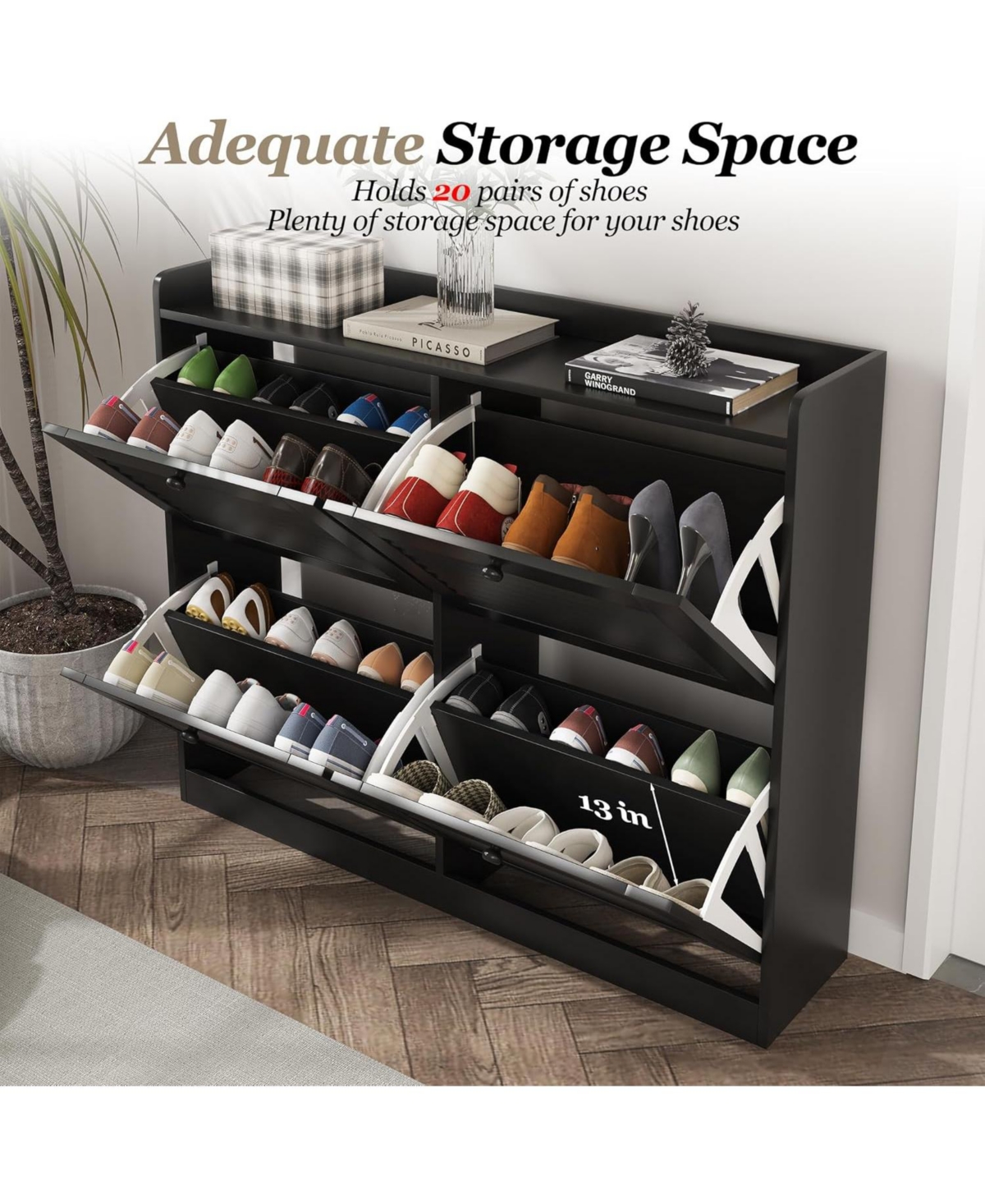 gaomon Large 4-Drawer Shoe Cabinet, Narrow Hidden Shoe Rack with Wooden Legs, Freestanding Entryway Organizer for Bedroom Living Room Hallway