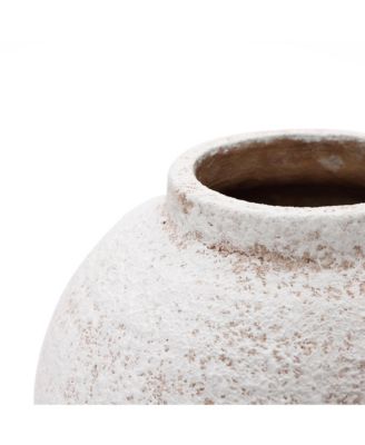 11" Rustic White & Brown Terracotta Vase, Vintage Wide-Body, Narrow-Mouth Ceramic Accent for Farmhouse Decor