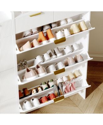 Modern Fluted Shoe Cabinet with 3 Flip Drawers, Slim Shoe Storage Organizer with 2 Drawers