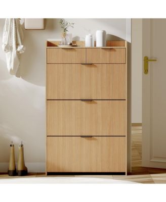 Modern Fluted Shoe Cabinet with 3 Flip Drawers, Slim Shoe Storage Organizer with 2 Drawers