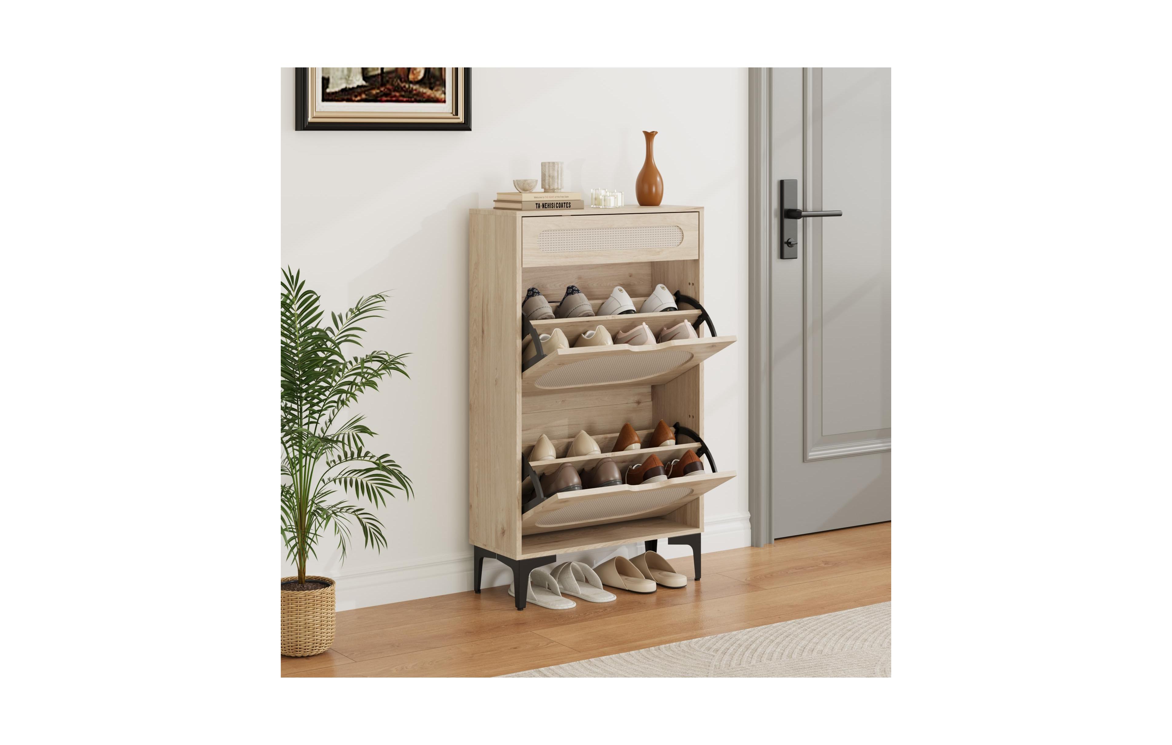 Gaomon Shoe Cabinet, Rattan Shoe Storage With 2 Flip Drawer and 1 Pull-Out Drawer, Heavy Duty Metal Leg
