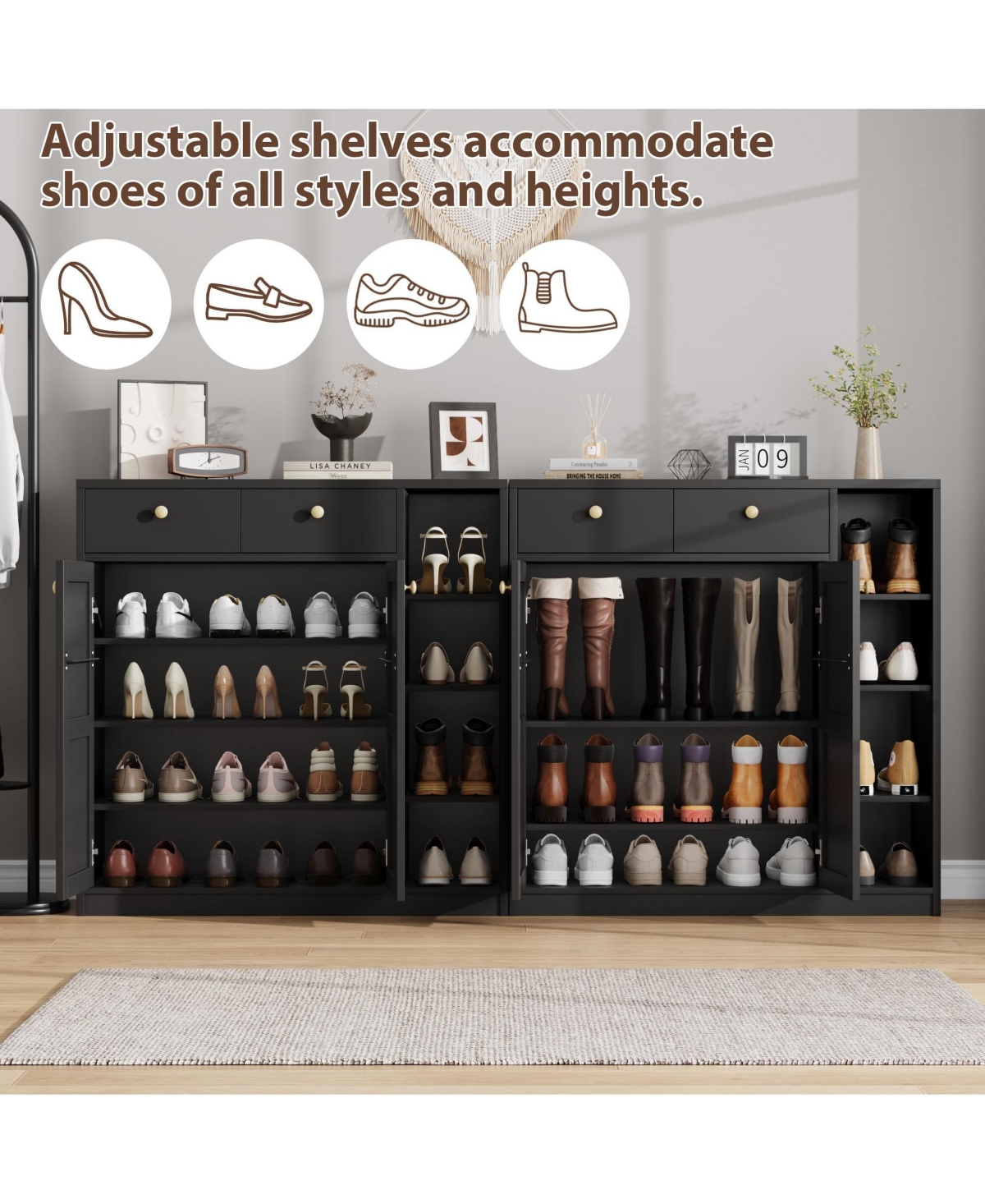 Gaomon Shoe Storage Cabinet with Doors and Drawers, 42'' Tall Modern Shoe Cabinet with 3 Adjustable Shelves and Stable Base