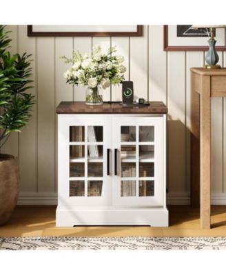 Farmhouse Nightstand with Charging Station, 24-Inch End Table with Tempered Glass Doors & Adjustable Shelf, Rustic Wood Sofa Side Table