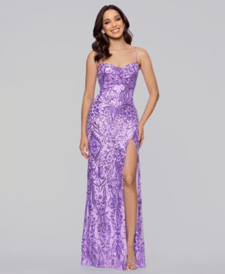 Juniors' Lace-Up Back Sequin Long Dress