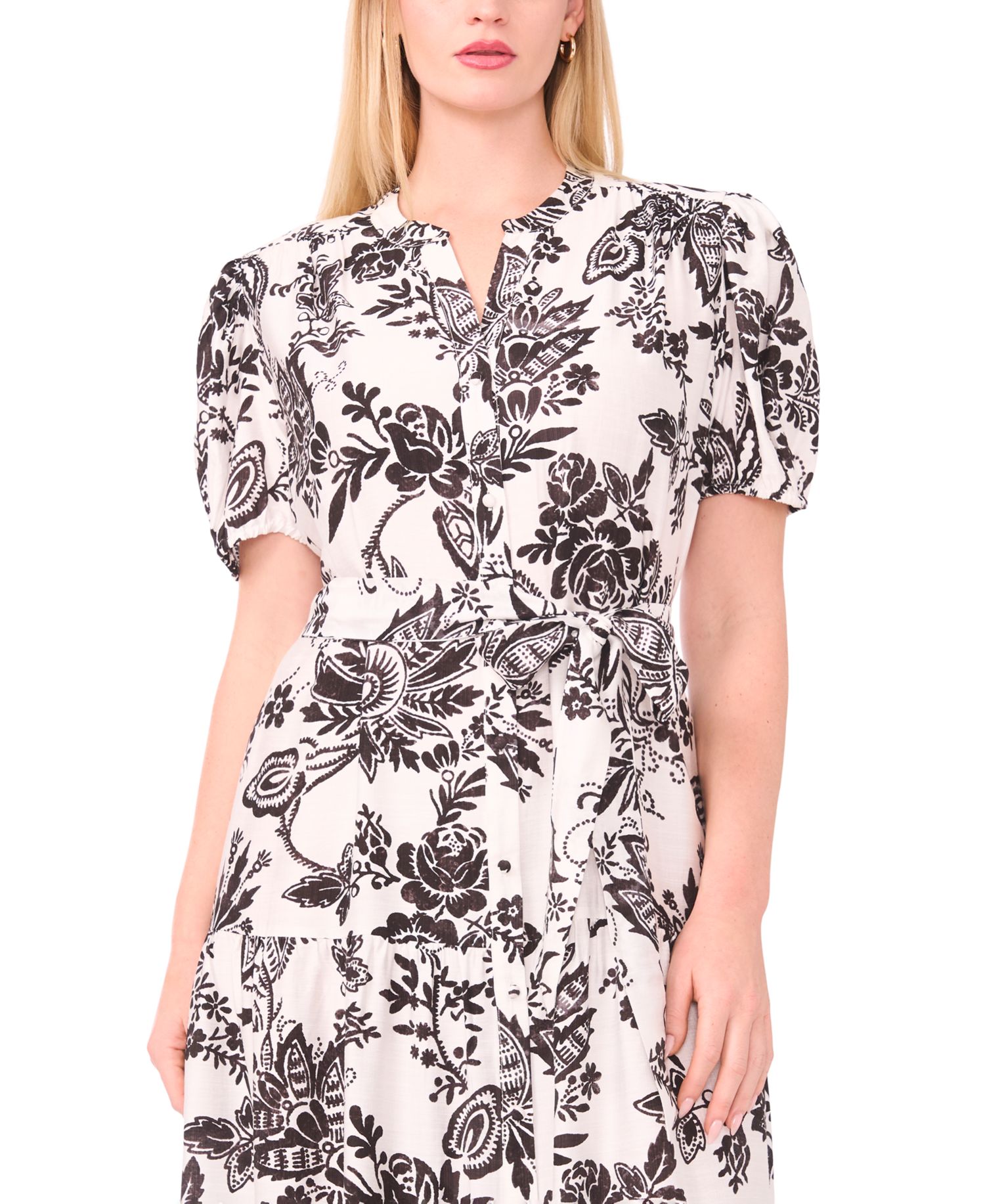 Plus Size Printed Puff-Sleeve Maxi Shirt Dress