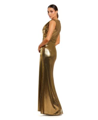 Women's Metallic Sleeveless Cowl Neck Trumpet Gown with Belt