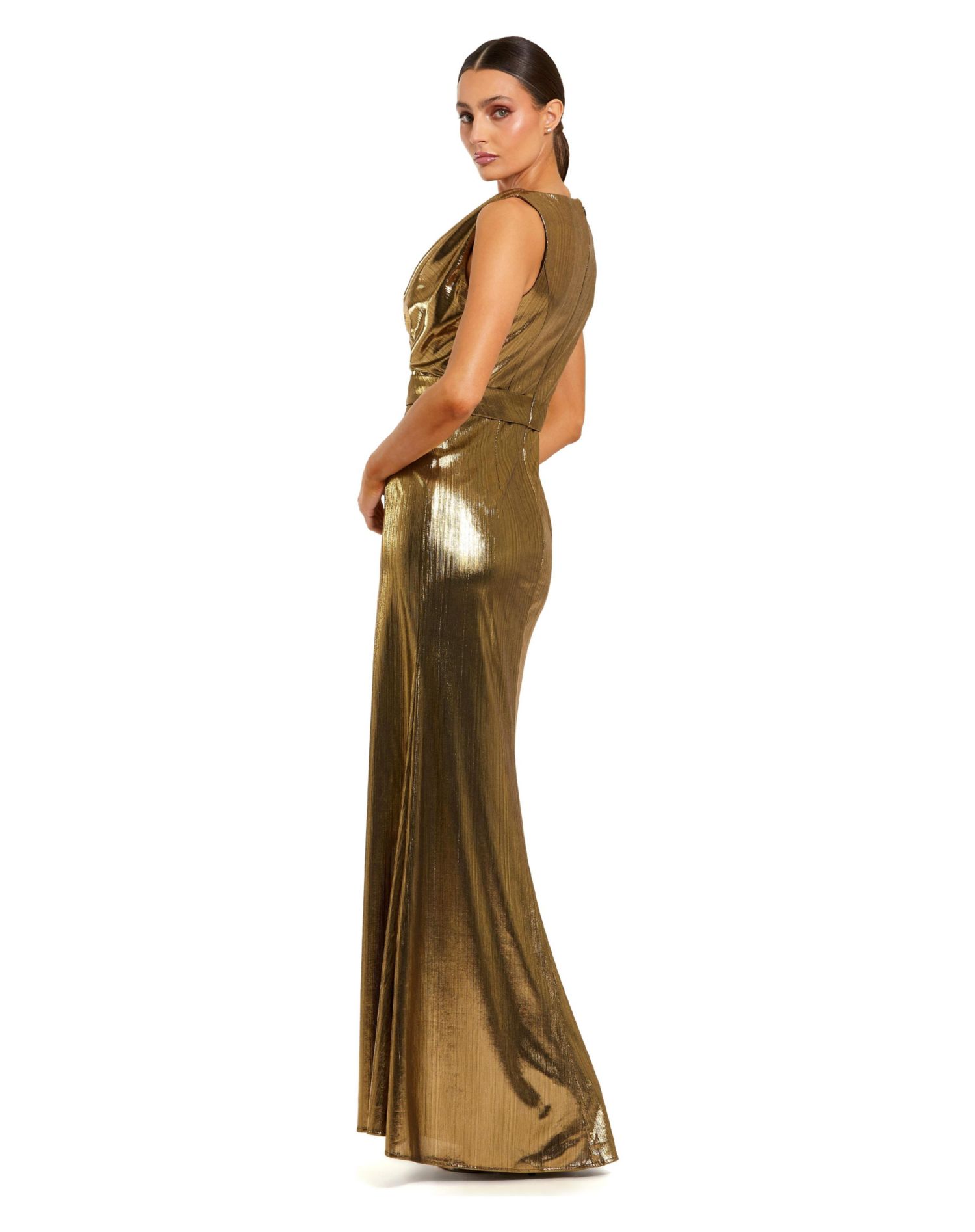 Women's Metallic Sleeveless Cowl Neck Trumpet Gown with Belt
