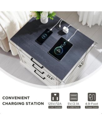 Farmhouse Nightstand Set of 2 with Charging Station,Rustic Wood Small Dresser, Off White