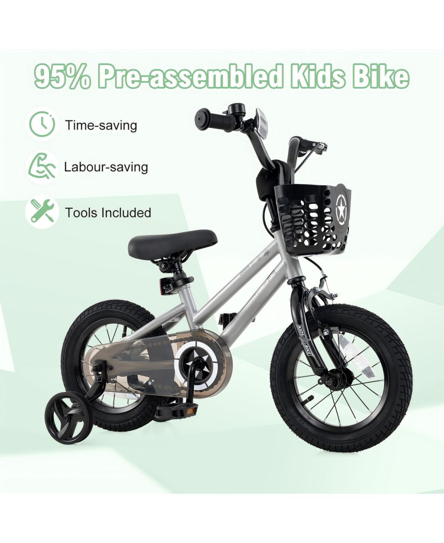 Детская игрушка HONGGE Metal Adjustable Dual-Brake Training Bike with Front Basket, Ages 4-8, цвет: Серебряный — фото 8