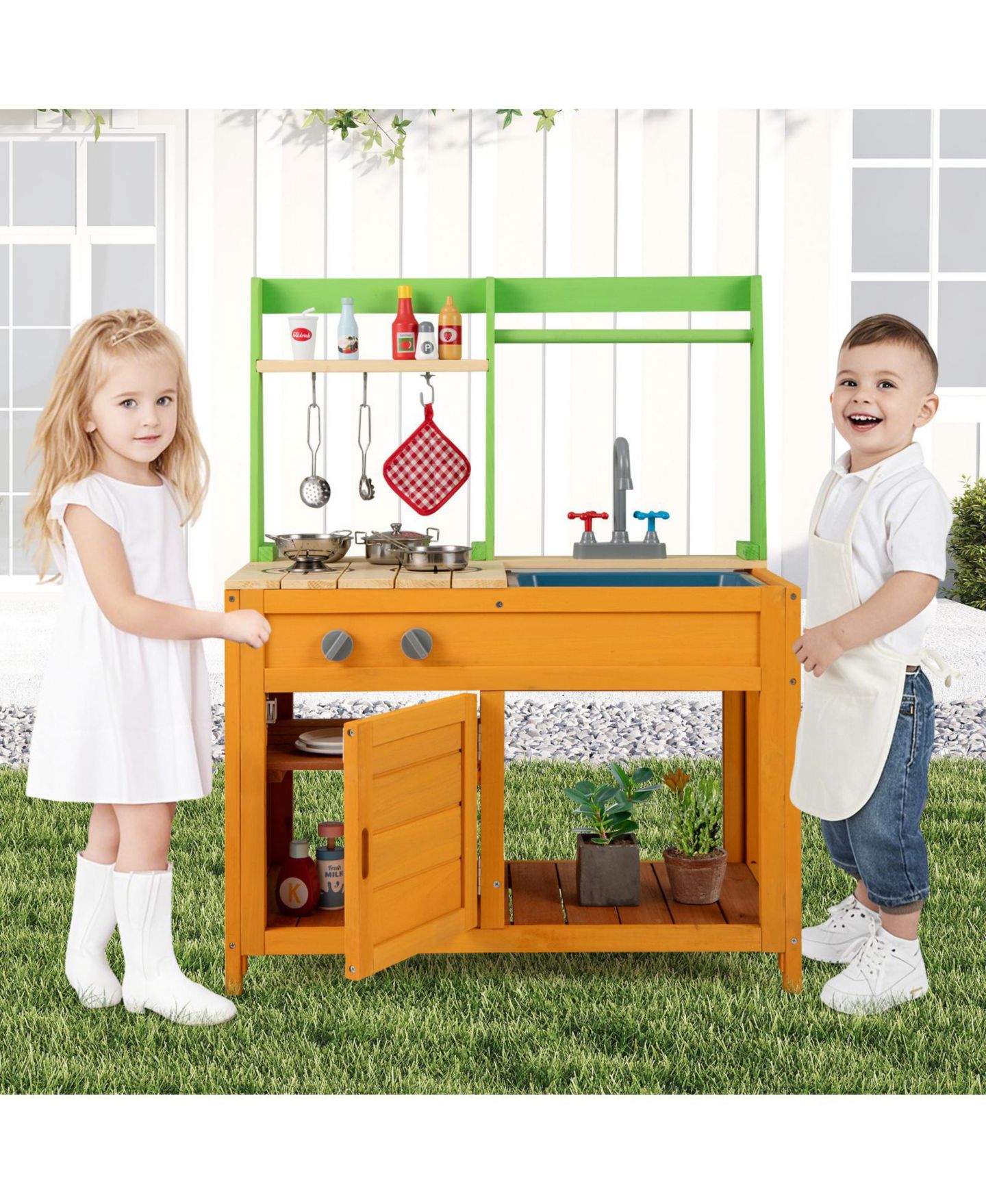 Детский игровой набор HONGGE Outdoor Wooden Mud Kitchen Playset With Sink and Stove, Ages 3+, цвет: Натуральный — фото 7